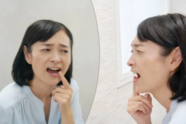 A woman staring at her teeth in the mirror