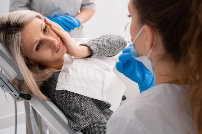 Female experiencing tooth pain Dentist about to check a patient who is experiencing tooth pain